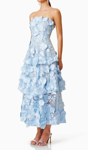Strapless floral embroidered midi dress