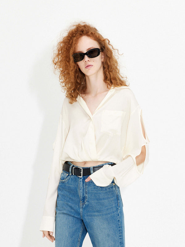 Silk blend cropped top, long sleeves, V-neck